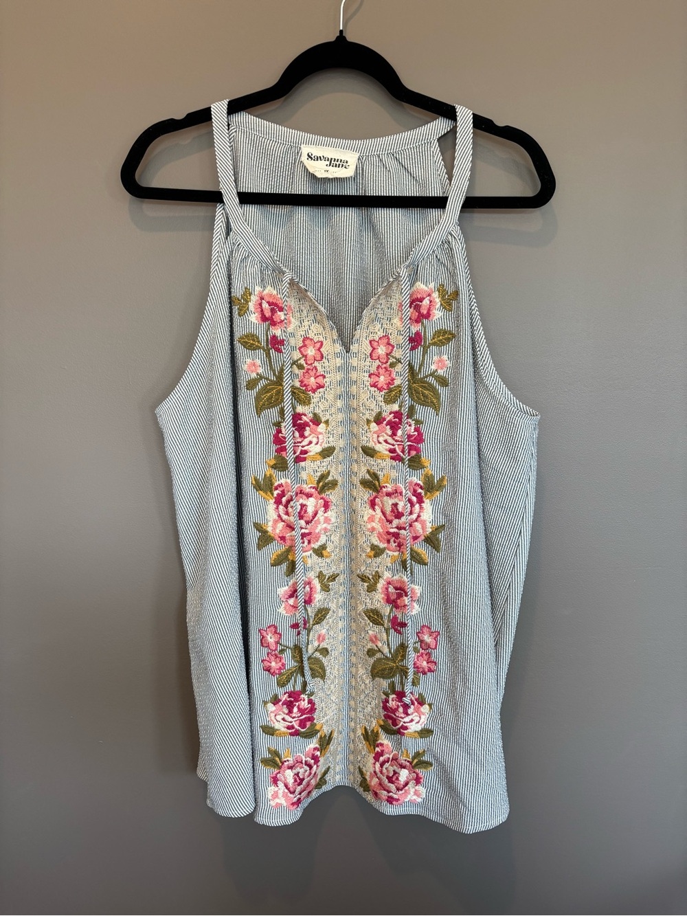 Savanna Jane -Embroidered Blue Striped Tank Top